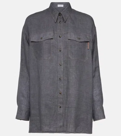 Brunello Cucinelli Oversized Linen Shirt In Gray