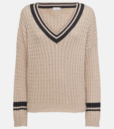 Brunello Cucinelli Sequined Cable-knit Cotton-blend Jumper In Neutral