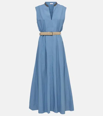 Brunello Cucinelli Embellished Cotton Poplin Maxi Dress In Blue