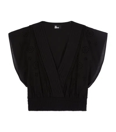 The Kooples Smocked Broderie Anglaise Top In Black