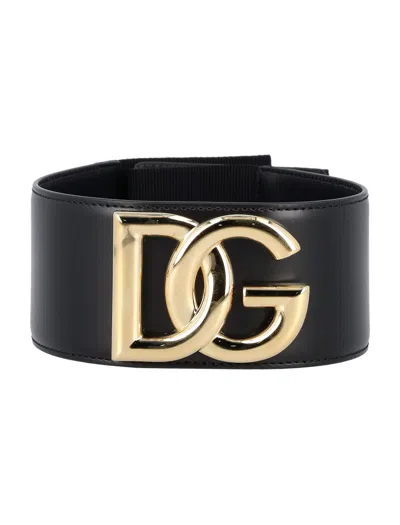 Dolce & Gabbana Stretch Band And Lux Leather Belt With Dg Logo In Black Black