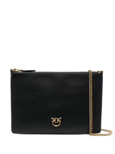 Pinko Flat Love Bag Black Shoulder Bag With Logo Patch In Smooth Leather Woman