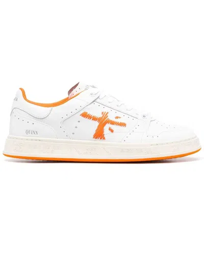 Premiata White Leather Quinn Sneakers In Bianco/arancione