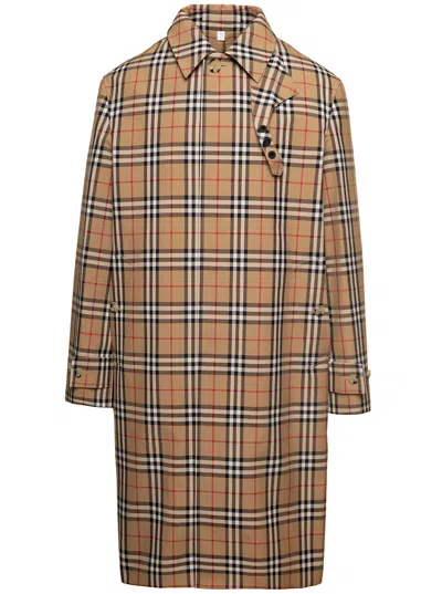 Burberry Brookvale Beige Coat With All-over Vintage Check Motif In Cotton Blend Man