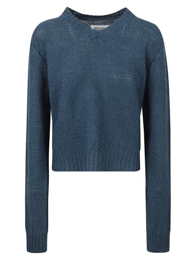 Maison Margiela Logo Embroidered V-neck Woven Sweater In Blue