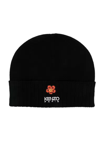Kenzo Black Beanie With Ribbed Hem And Contrasting Logo In Wool Man In J Black