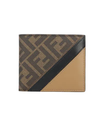 Fendi Man Multicolor Fabric And Leather Wallet In Marrone