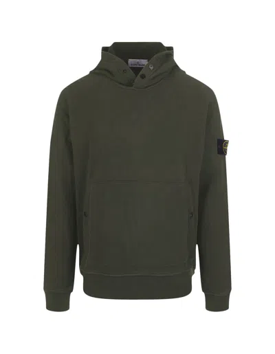 Stone Island Military Green Hoodie With Buttons In Verde