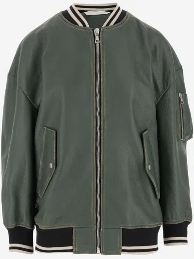 Palm Angels Leather Jacket With Logo In Green