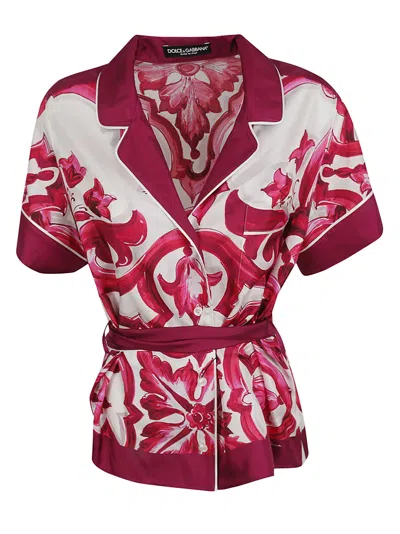 Dolce & Gabbana Majolica-print Belted Silk Shirt In Fuxia