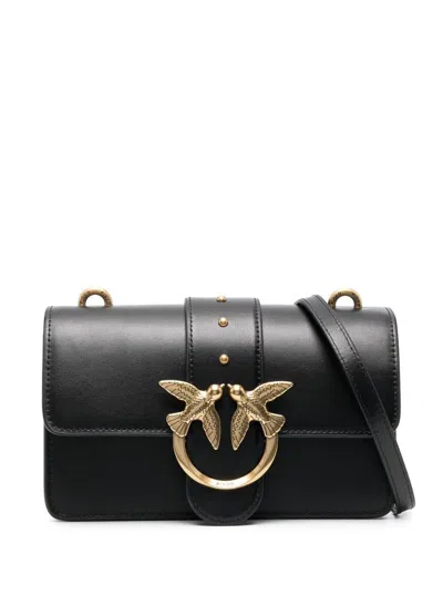 Pinko Mini Love Bag Icon Black Shoulder Bag With Logo Patch In Smooth Leather Woman