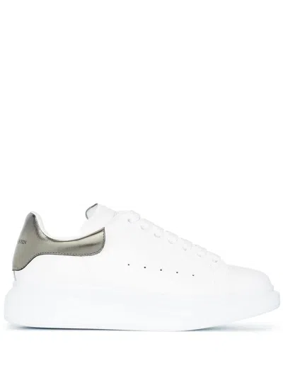Alexander Mcqueen Womans White Leather And Silver Heel Tab Oversize Sneakers