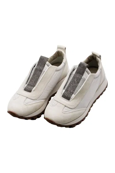 Brunello Cucinelli Runner Shoe In Suede And Taffeta Embellished With Threads Of Brilliant Monili In White