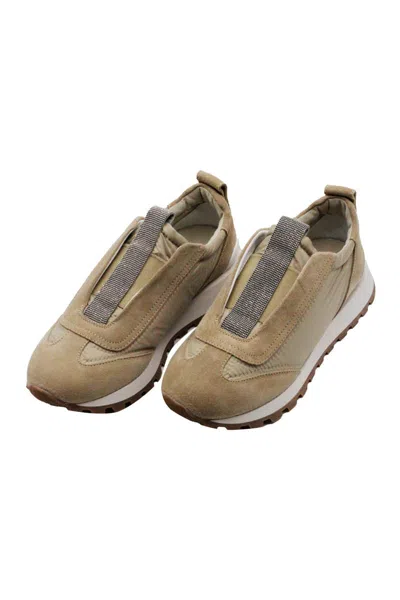 Brunello Cucinelli Runner Shoe In Suede And Taffeta Embellished With Threads Of Brilliant Monili In Beige