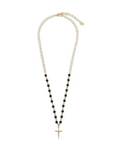 Dolce & Gabbana Cross-pendant Ball-chain Necklace In Gold/black