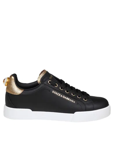 Dolce & Gabbana Portofino Sneakers In Black Leather With Logo Pearl In Black/gold