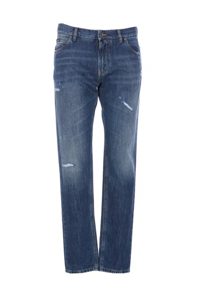 Dolce & Gabbana Straight Leg Distressed Jeans In Blu