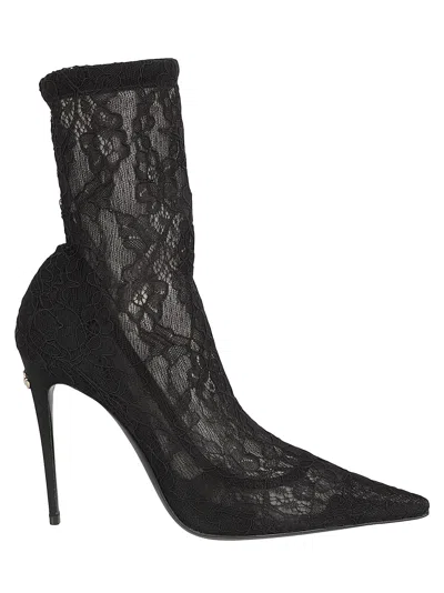 Dolce & Gabbana Floral Lace Paneled Boots In Black