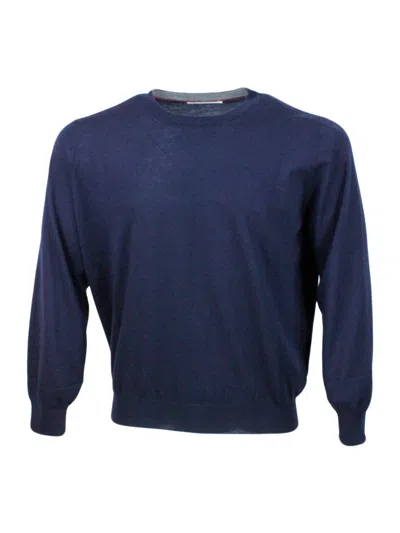 Brunello Cucinelli Lightweight Crew Neck Long Sleeve Sweater In Wool And Cashmere In Blu