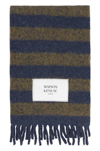 Maison Kitsuné Striped Fringed Knit Scarf In Brown
