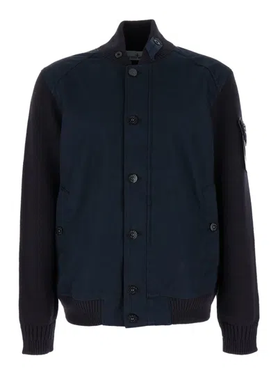 Stone Island Blue Jacket With Logo Patch And Buttons In Cotton Man