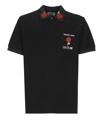 Versace Jeans Couture Embroidered Rose Polo Shirt In Black