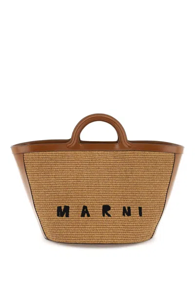Marni Tropicalia Leather And Raffia Tote Bag In Brown