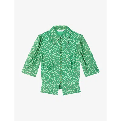 Lk Bennett Womens Gre-green Esme Ribbon-print Woven Shirt