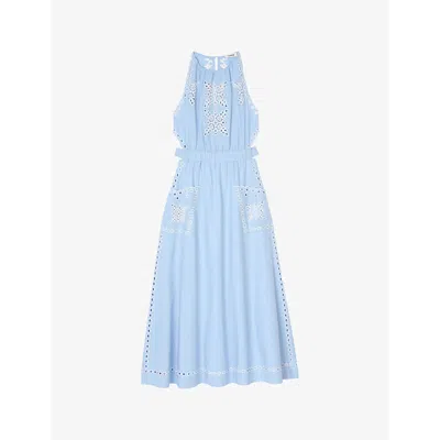 Sandro Womens Bleus Broderie-anglaise Fitted-waist Linen-blend Midi Dress