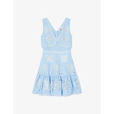 Sandro Womens Bleus Broderie-anglaise V-neck Linen Mini Dress