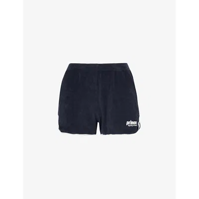 Sporty And Rich Sporty & Rich Womens Navy White X Prince Brand-patch Terry-towelling Cotton-jersey Shorts