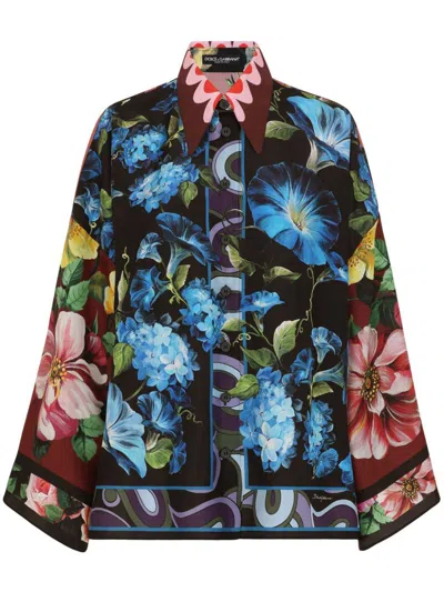 Dolce & Gabbana Flower Print Silk Shirt In Black