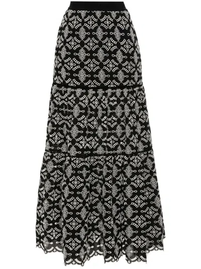 Ermanno Firenze Printed Cotton Blend Long Skirt In Black