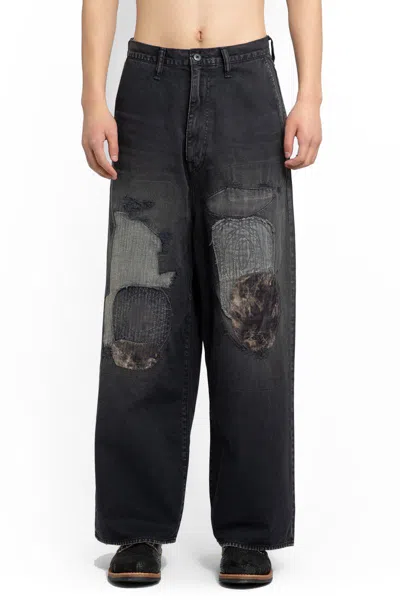 Kapital Katsuragi Port Wide-leg Patchwork Distressed Cotton-twill Trousers In Black
