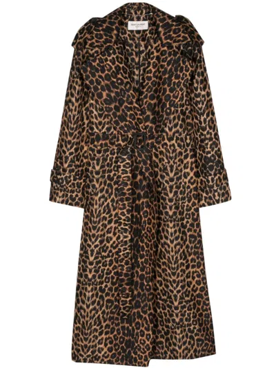 Saint Laurent Leopard-print Silk Trench Coat In Brown