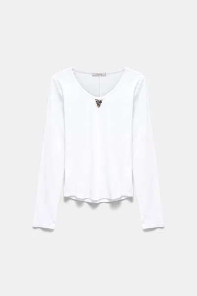Dorothee Schumacher Fine Rib Stretch Cotton Scoop Neck Top With Embellishment Detail In Basic