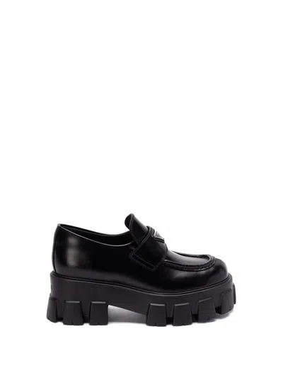 Prada Brushed Leather `monolith` Loafers In Black  