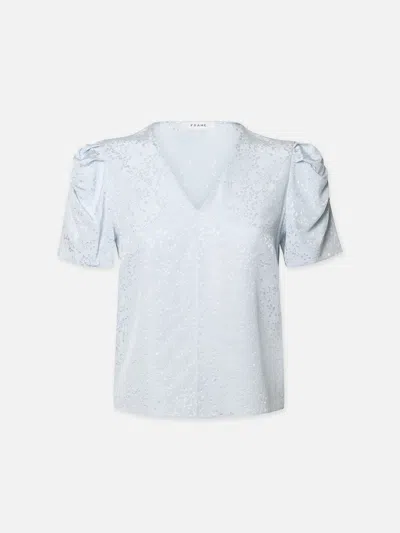 Frame Floral Jacquard Short Sleeve Blouse Top Denim Blue 100% Silk In White