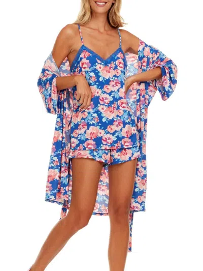 Flora Nikrooz Women's Lotus 3-piece Floral Camisole, Shorts & Robe Set In Blue