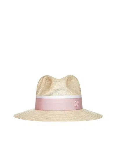 Maison Michel Henrietta Logo Detail Fedora Hat In Natural Pink
