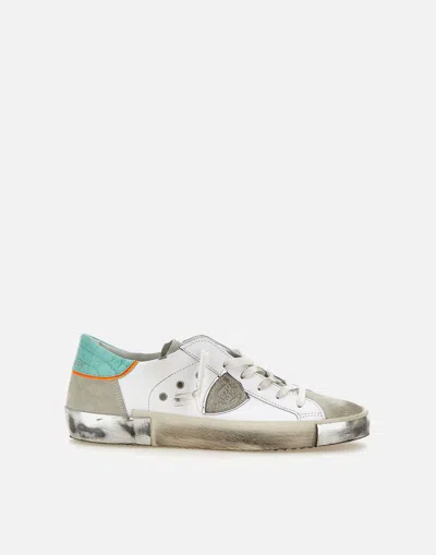 Philippe Model Prsx Low Leather Sneakers With Colored Details In White-blue