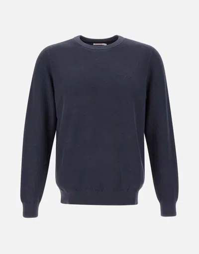 Sun68 Round Vintage Navy Cotton Sweater In Blue