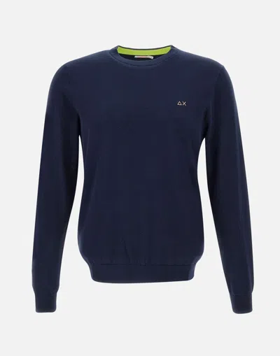 Sun68 Round Elbow Navy Blue Cotton Sweater