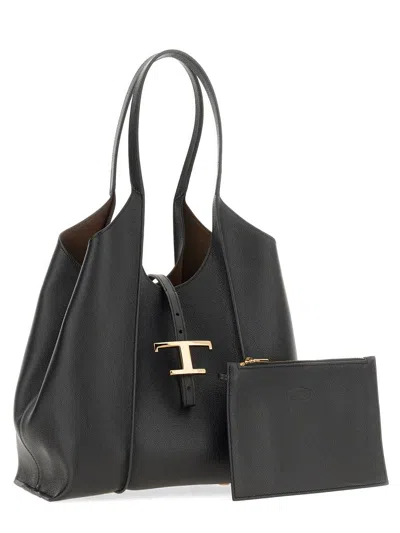 Tod's Timeless Logo Plaque Tote Bag In Black