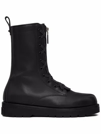 Valentino Garavani Leather Combat Boots In Black