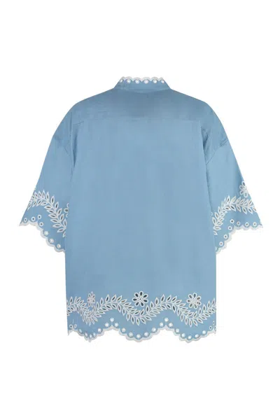 Zimmermann Embroidered Cotton Shirt In Blue