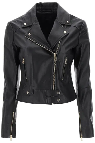 Pinko Nappa Leather Biker Jacket In Noir Limousine