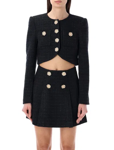 Self-portrait Black Bouclé Jacket With Gold Pearl Buttons And Cropped Hem
