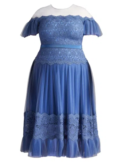 Tadashi Shoji, Plus Size Women's Corded Lace Midi-dress In Blue Stone