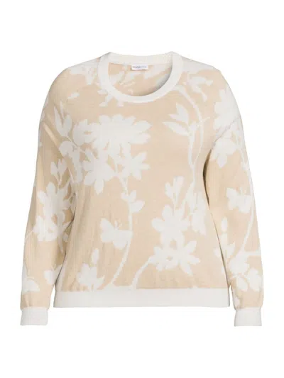 Minnie Rose Women's Floral Cotton-blend Crewneck Sweater In Brown Sugar Starch